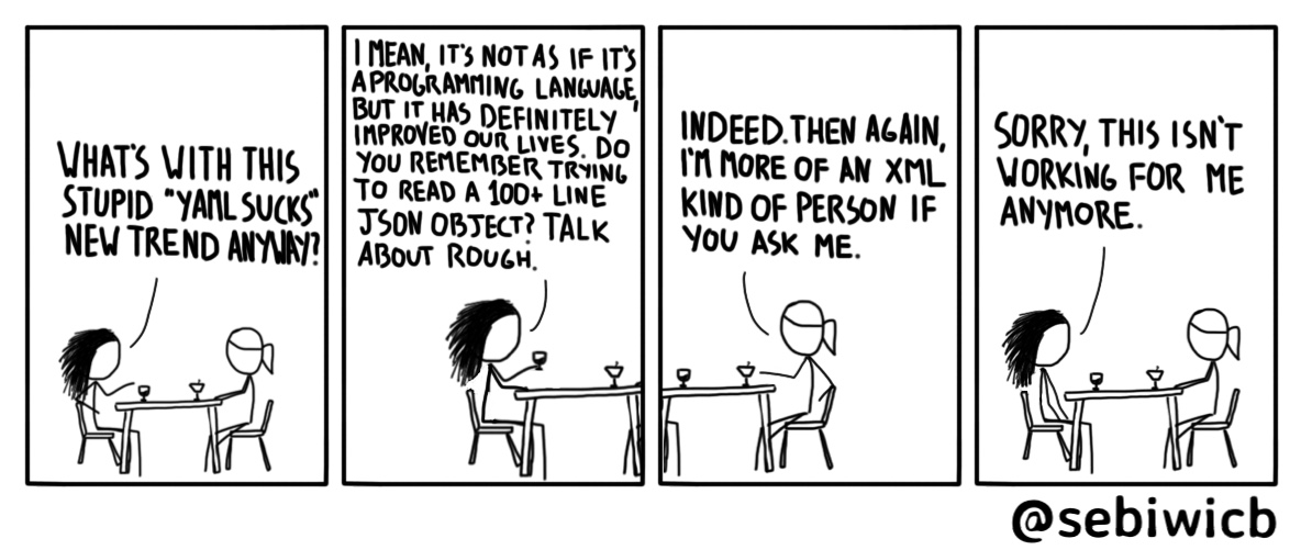 What's with this new YAML sucks trend? Have you ever tried to read a JSON object? What about (not) goot old XML?