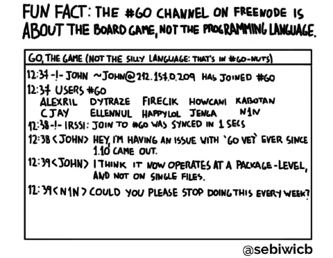 Fun fact: The #go channel on Freenode is about the board game, not about the programming language.
