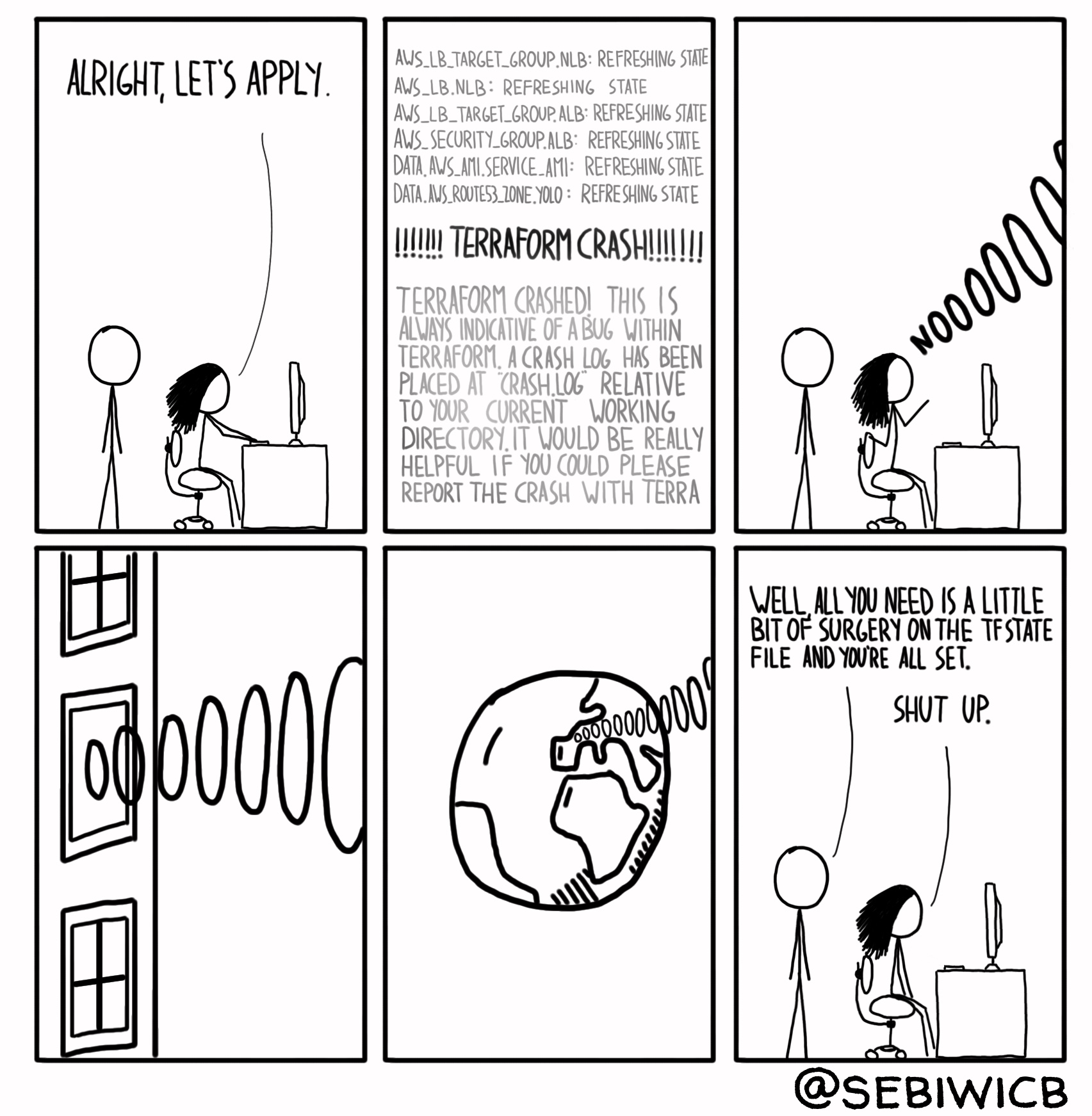 I believe one of the worst moments when doing infrastructure as code is when your Terraform apply crashes and then your tfstate file is all fucked up.
