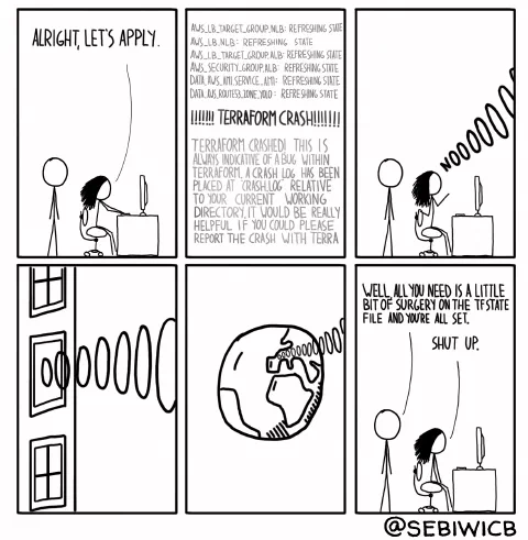I believe one of the worst moments when doing infrastructure as code is when your Terraform apply crashes and then your tfstate file is all fucked up.