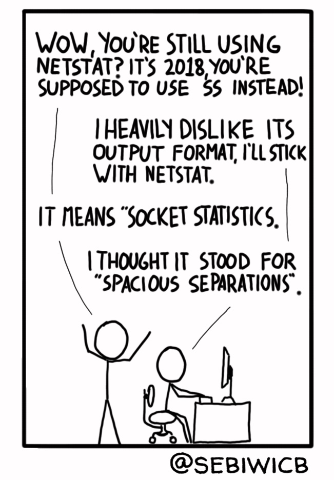 I heavily dislike `ss` output format. I guess `ss` stands for Spacious separations.