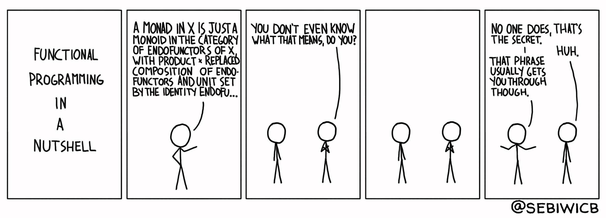 I always hear the same explanation from people trying to explain monads. It makes you wonder if they actually understand what it means.