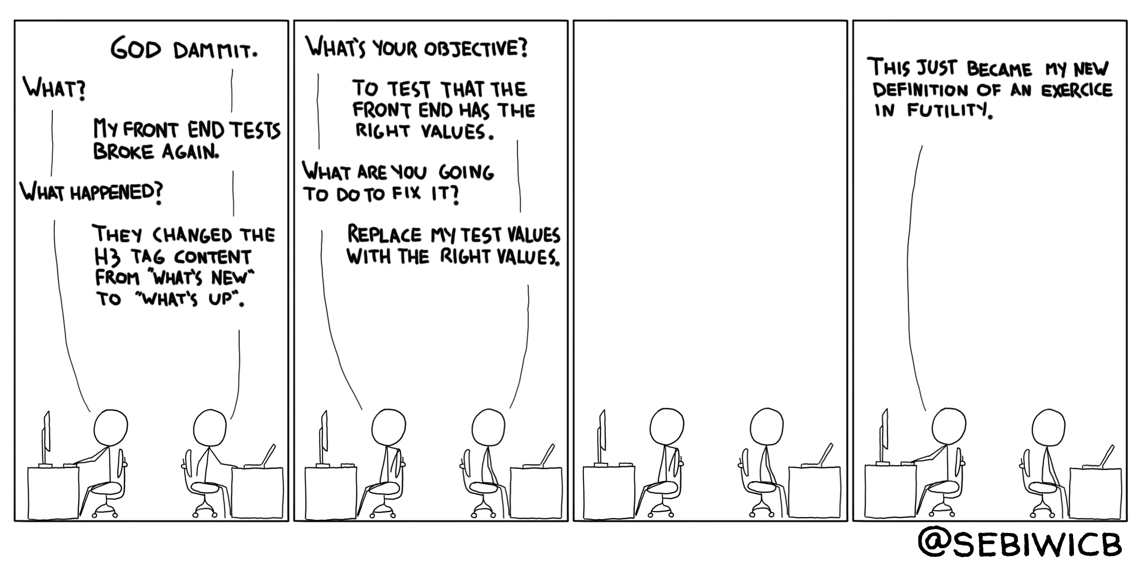 I always wondered about the actual definition of an exercice in futility. I looked it up, and a lot of things came into my mind. Like front-end tests, for example