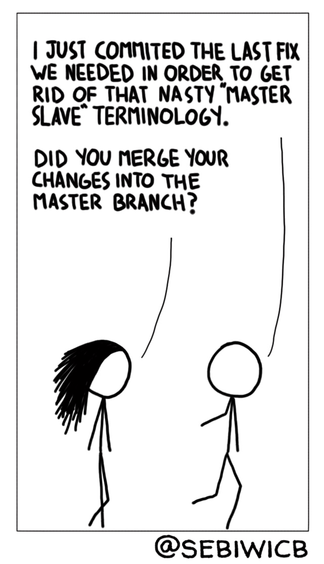 It's good that people are starting to notice concepts that should be reconstructed in our line of work. There is still a long road ahead though. With master-slave on the works, people are forgetting some other things. Like the master branch, for example.