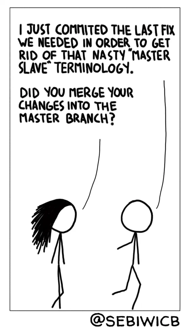 It's good that people are starting to notice concepts that should be reconstructed in our line of work. There is still a long road ahead though. With master-slave on the works, people are forgetting some other things. Like the master branch, for example.