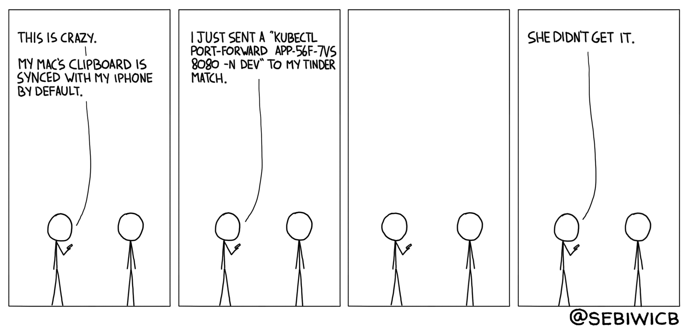 The Mac's clipboard is shared with the iPhone's. By default. I just sent a `kubectl get pods -n dev` to my Tinder match.