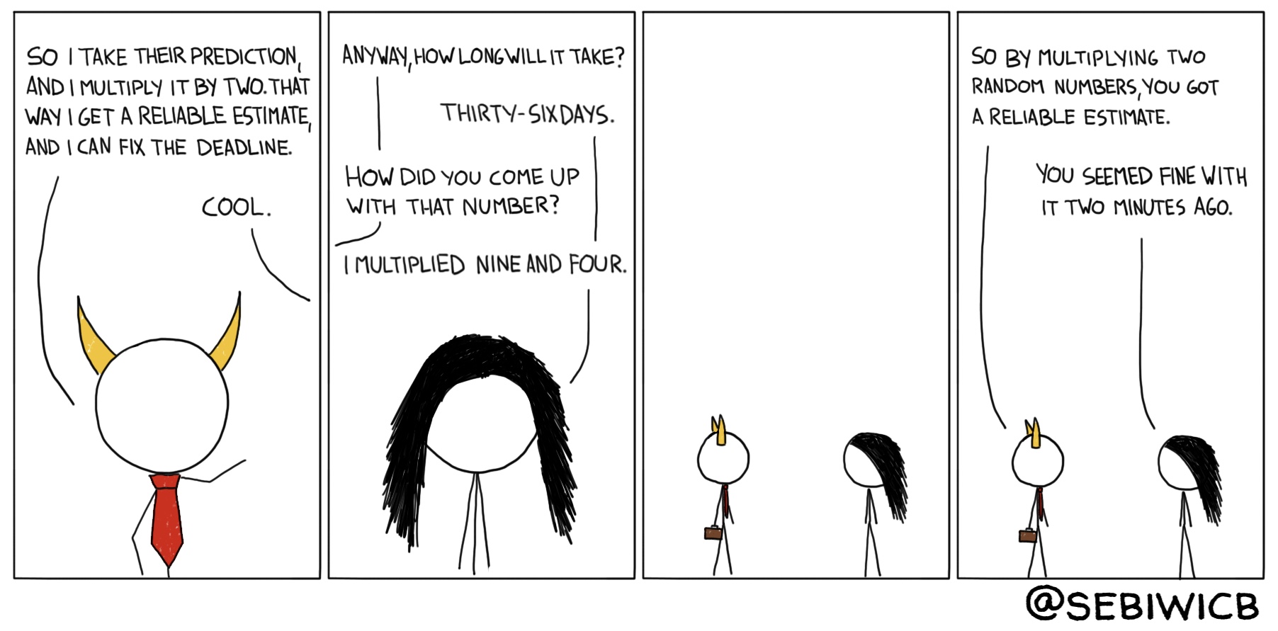 I like how project managers make accurate estimations by multiplying other estimations by 2. It's almost like multiplying two random numbers straight up.