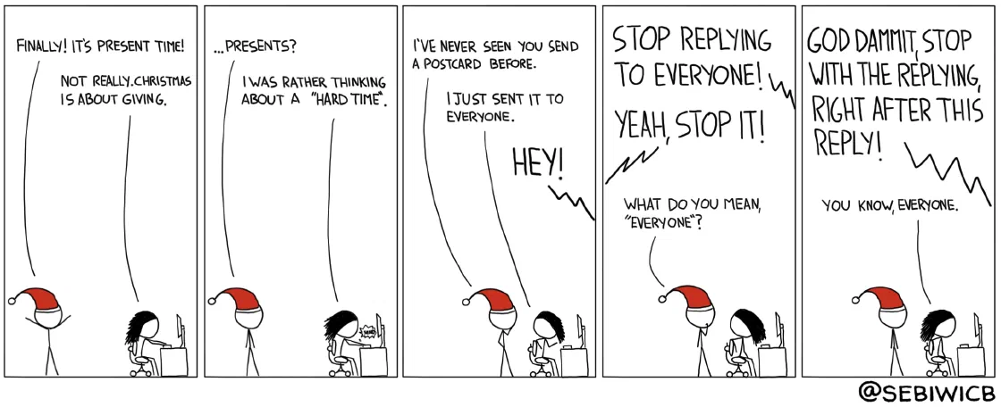 Christmas is about giving. Does giving 'a hard time' count? I'm thinkin about a nice Reply Allpocalypse, for instance.