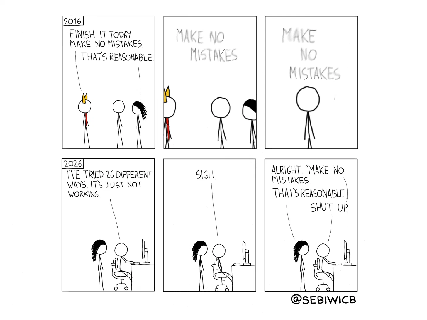 2016. Finish it today. Make no mistakes. That's reasonable. Make no mistakes. Make no mistakes. 2026. I've tried 26 different ways. It's just not working. Sigh. Alright. "Make no mistakes." That's reasonable. Shut up.