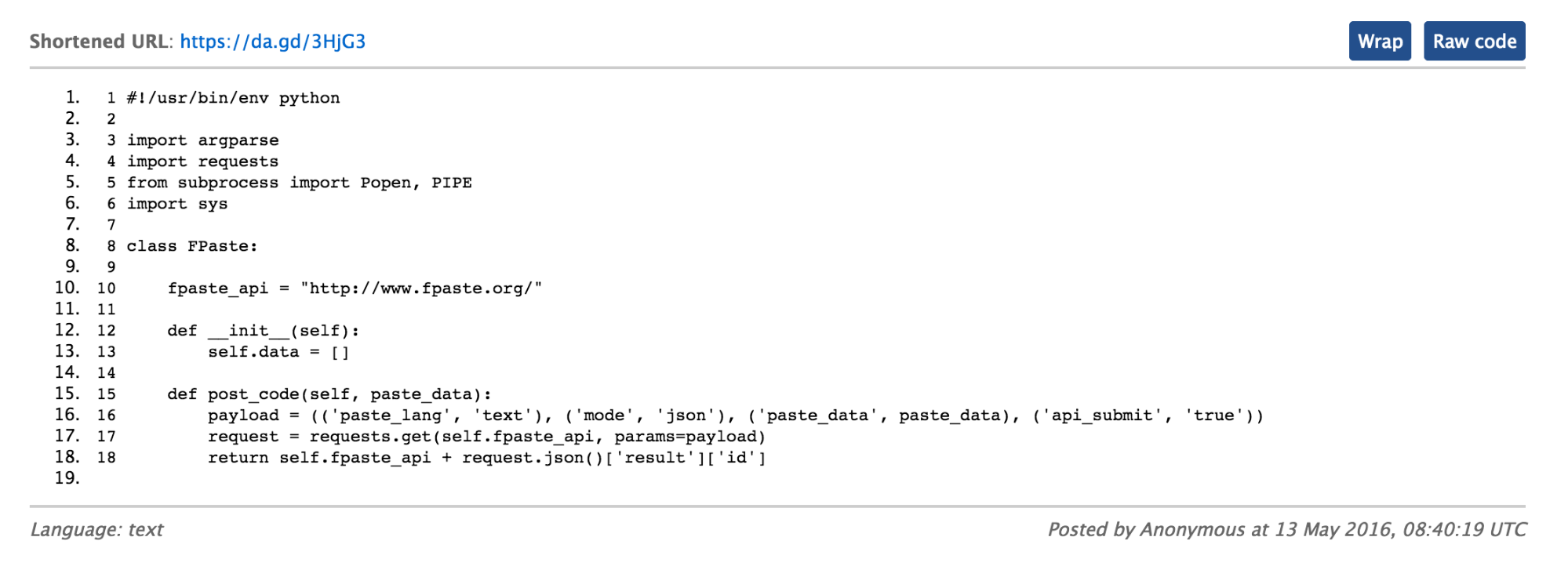 Send to fpaste result