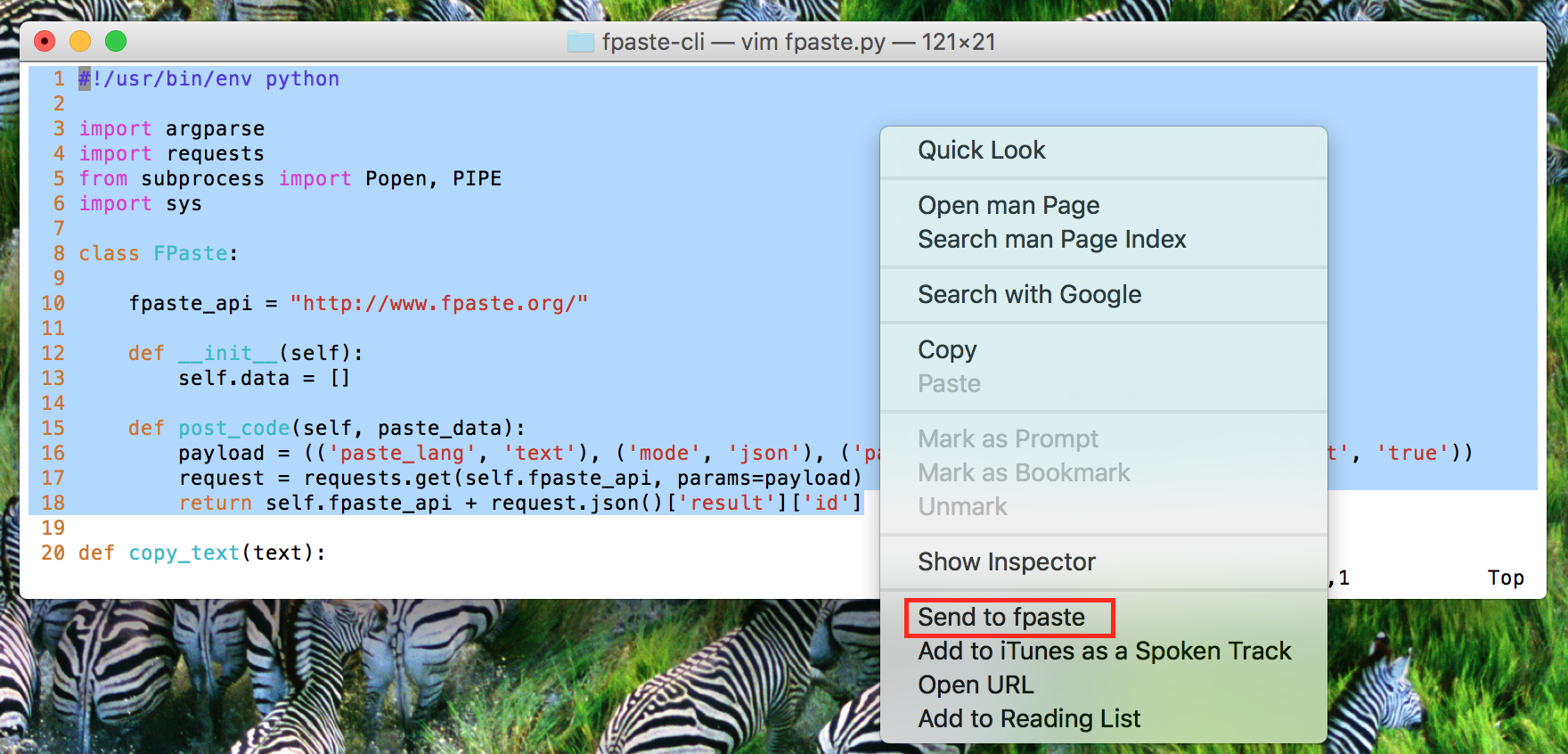 Send to fpaste example